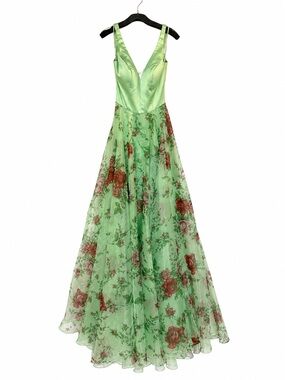 Sherri Hill 570811 Green Floral V-Neck Satin Bodice Evening Gown